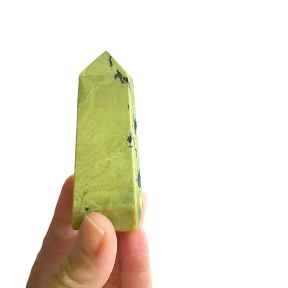 Lime Green Serpentine Tower with Pyrite Pointed Crystal Tower Obelisk Home Decor - Picture 2 of 11